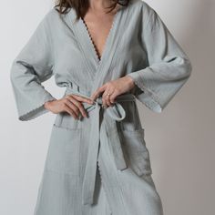 Alaia Kimono - House No.23 Cotton Sleepwear With Kimono Sleeves, Cotton Sleepwear With Kimono Sleeves For Loungewear, Spring Sleepwear With Pockets For Relaxation, Spring Lounging Wrap Sleepwear, Long Sleeve Spring Kimono For Lounging, Comfortable Long Sleeve Robe For Daywear, Relaxed Fit Robe For Lounging, Relaxed Fit Solid Color Lounging Robe, Summer Sleepwear With Pockets For Relaxation