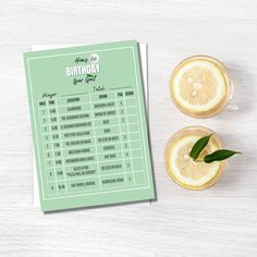 a table with two lemon halves and a green birthday game card on top of it