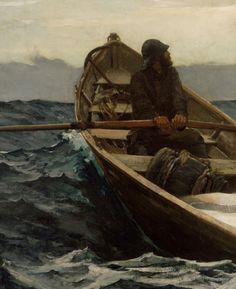 a painting of a man in a boat on the water