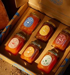 six jars of jam sit in a cardboard box