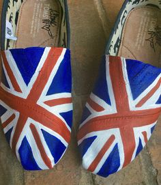 TOMS Shoes, Custom Slip-ons, Painted TOMS, Union Jack Flag, Red White Blue, Destination Wedding Woman Shoes, Vacation, present for wife, her by dreaminbohemian on Etsy Blue Destination Wedding, Painted Toms, Presents For Wife, Jack Flag, Union Jack Flag, Hand Painted Shoes, Shoes Custom, Woman Shoes, Progress Pictures