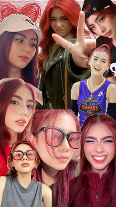 some girls with red hair and glasses are posing for the camera in this collage