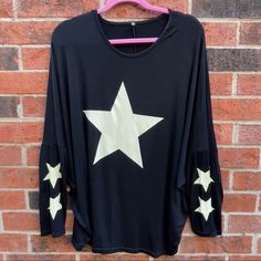 Black Star Shirt With Stars On Each Sleeve Nwot Soft Xl Oversized Long Sleeve Tops With Star Print, Casual Black Top With Star Patch, Oversized Star Print Crew Neck Top, Casual Black Top With Star Print, Oversized Crew Neck Top With Star Print, Black Crew Neck Top With Star Patch, Black Crew Neck T-shirt With Star Patch, Black Star Shirt, Star Top