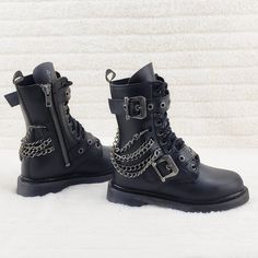 Brand New In Original Demonia Box 1 1/4" (32mm) Heel 10 Eyelet Unisex Mid-Calf Combat Boot Featuring Grommet Buckle Straps And Chain Details, Inner Side Zip Closure Men's Us Sizes Cushioned Foot-Bed Emo Boots, Steampunk Shoes, Steampunk Boots, Biker Chain, Combat Boots Men, Goth Shoes, Goth Boots, Gothic Boots, Demonia Shoes