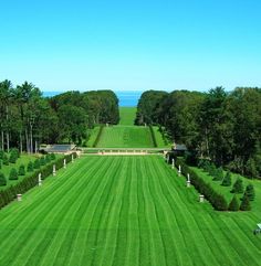 an aerial view of a lush green field