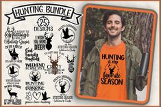 a man wearing an orange hunting t - shirt next to a photo of his deer