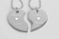 "This engraved silver broken heart necklace can be personalized for the sweetheart in your life. Our custom split heart necklace set can be engraved on both sides with names, dates or a message of love. If you would like a heart engraved between names or on any line you can simply type the word \"heart\" into the desired location. The 2 piece broken heart necklace can also be a wonderful gift for your best friend. 2 NECKLACES INCLUDED [pictured] custom sizes available For Extra Curb Chains Pleas Couples' Heart Shaped Stainless Steel Jewelry, Couples' Stainless Steel Heart-shaped Jewelry, Couples' Stainless Steel Heart Jewelry, Personalized Couples Necklaces For Anniversary, Personalized Couples Necklace For Anniversary, Personalized Couples Necklaces For Anniversary Gift, Couples' Heart Charm Jewelry For Gifts, Couples Jewelry With Heart Charm For Gift, Heart Charm Jewelry For Couples