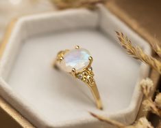 an opalite ring sits in a box on top of some dried flowers and leaves