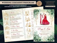 a wedding ceremony program is shown in this brochure style, with the bride and groom's names on it