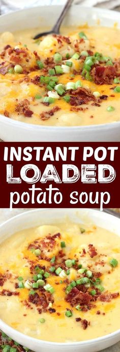 instant pot loaded potato soup in a white bowl with green onions and bacon on top