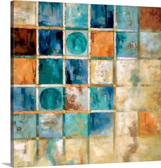 an abstract painting with blue, orange and brown squares on white canvas print wall art