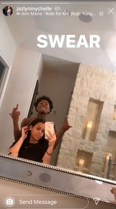 a man and woman taking a selfie in front of a bathroom mirror with the words swear on it