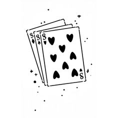 three playing cards with hearts on them are drawn in black and white, against a white background