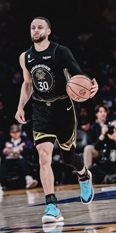 a basketball player dribbling the ball during a game