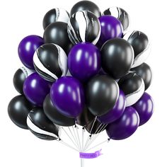 a bunch of black and purple balloons are in the shape of a bouquet on a stick