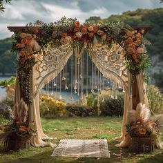 an outdoor wedding ceremony setup with flowers and macramidese hanging from the ceiling