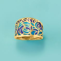 Ross-Simons - Italian Blue Enamel Ring in 14kt Yellow Gold. Size 9. Beautiful like a stained glass window, this ring is an Italian-made work-of-art. The polished 14kt yellow gold band boasts gorgeous designs of multi-tone blue enamel, making this an eye-catching piece. 5/8" wide. Blue enamel ring. 14kt Gold Jewelry, Italian Blue, Extraordinary Jewelry, Egyptian Jewelry, Yellow Gold Jewelry, Classic Engagement Rings, Cz Jewelry, Enamel Ring, Stained Glass Window