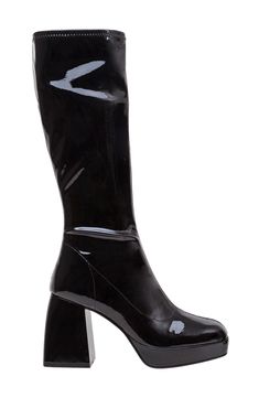 A chunky platform and sculptural block heel elevate a retro-inspired boot with a glossy finish for statement-making appeal. 3 1/2" heel; 3/4" platform Slip-resistant sole Synthetic upper/fabric lining/rubber sole Imported Modern Chunky Platform Boots For Party, Glossy Party Boots, Party Patent Leather Heeled Boots With Chunky Platform, Chunky Platform Heeled Boots For Party, Medium Width Block Heel Platform Boots For Party, Bold Platform Boots For Party, Modern Platform Boots With Block Heel For Party, Knee-high Platform Boots With Sculpted Heel For Party, Modern Block Heel Platform Boots For Party