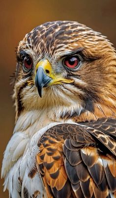 a close up of a bird of prey with red eyes