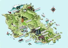 an illustrated map of the island with many things to see and do on it's side