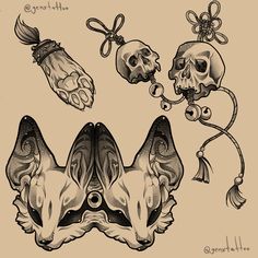 an ink drawing of two foxes with skulls on their heads and bones in the background