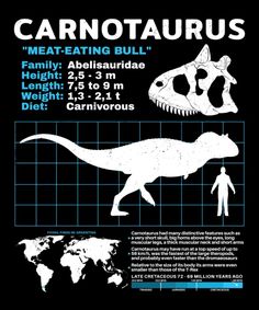 the poster for carnotaurus is shown in black and white, with an image of a man standing next to a dinosaur