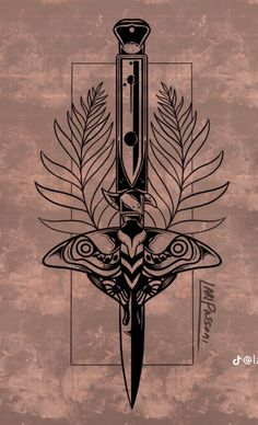 a drawing of a knife and some leaves on a brown background with an abstract design