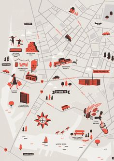 an illustrated map with red and black symbols on grey background, including the location of several buildings