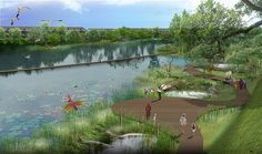 an artist's rendering of a river with people walking on the path next to it