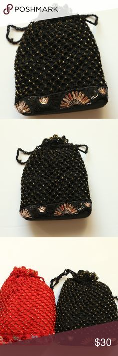 NWT Black Beaded Crocheted Lined Potli Bag/Pouch NWT Black hand crocheted beaded & lined potli style bag / Pouch. Pairs well with formal & party style dresses. Handcrafted  piece. Wardrobe classic from Vintage, Retro till present  styles. Adds fun flirty look to any formal dress. Great for Flapper, Retro, Disco, Ethnic party themes. Measurement - 7" length by 6-1/2" width Color - Black base with Copper color beads & sequins lace Lining Material - Cotton Look Around Bags Mini Bags Rectangular Beaded Potli Bag For Evening, Evening Rectangular Beaded Potli Bag, Beaded Potli Bag For Party, Embellished Rectangular Potli Bag For Evening, Black Embellished Pouch Evening Bag, Embellished Potli Bag For Party, Black Festive Bags For Festivals, Black Clutch For Party And Festivals, Black Evening Bag For Festive Occasions