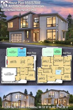 two story house plan with floor plans and measurements for each room in the same area