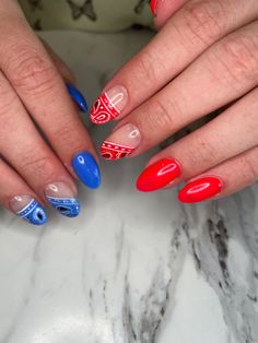 Short Bandana Nails, Western Fourth Of July Nails, Pink 4th Of July Nails, Fourth Of July Nails Designs, Bandana Nail Art, Labor Day Nails, Country Concert Nails