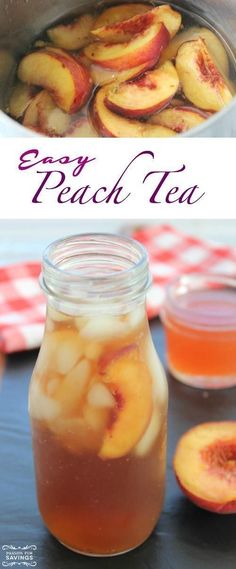 peach tea in a jar with sliced peaches on the side and an image of fresh peaches