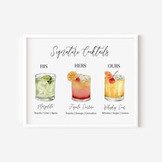 a poster with three different cocktails and the names of each drink, including lemonade,