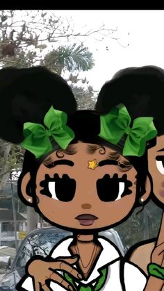 two cartoon girls with green bows on their heads