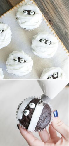 the cupcakes are decorated with white frosting and eyes