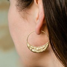 Medium Hoop Art Nouveau Gold Tone | Crescent Moon Flower Earrings (238B) Gold Crescent Hoop Earrings In Brass, Bohemian Crescent Hoop Earrings With Ear Wire, Bohemian Crescent Hoop Earrings Nickel Free, Artisan Small Hoop Gold Jewelry, Brass Hoop Earrings With Ear Wire, Single Crescent Brass Hoop Earring, Bohemian Gold Hand Forged Hoop Earrings, Hand Forged Brass Hoop Jewelry, Small Bohemian 14k Gold Filled Hoop Earrings