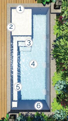 an aerial view of a swimming pool surrounded by plants and trees with numbered numbers on it