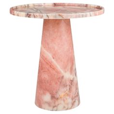 a pink marble table with gold accents on the top and bottom, against a white background