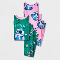 Your kid will be excited for bedtime wearing the Lilo & Stitch 4-Piece Long-Sleeve Cotton Snug Fit Pajama Set. This four-piece pajama set includes two pairs of pajamas — one in green and one in pink, both featuring the name and image of Stitch for a fun look. The pairs include a long-sleeve sleep shirt and a pair of pajama pants tailored with 100% cotton fabric for soft and breathable comfort. Lilo And Stitch Pattern, Stitch Pjs, Stitch Pjs Pants, Stitch Pajamas Women, Pink Stitch Onesie, Stitch Pajamas For Kids, Disney Sleepwear With Character Print For Loungewear, Stitch Pajamas, Striped Pajama Pants