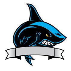 a shark with a ribbon around it's neck and an empty banner behind it