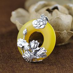 Natural Jade Floral Hoop Pendant - Wnkrs Spring Yellow Round Jewelry, Yellow Jade, Floral Hoops, White Jade, Natural Jade, Jade Pendant, Design Floral, Natural Stones, Jade