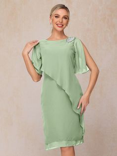 Dusty_Sage Party Chiffon Dress In Georgette With Short Sleeves, Summer Party Chiffon Mother Of The Bride Dress, Summer Evening Chiffon Mother Of The Bride Dress, Green Chiffon Summer Dress For Banquet, Green Chiffon Dress For Wedding Guest, Green Chiffon Dress For Party, Green Georgette Chiffon Dress For Party, Green Georgette Party Dress, Green Chiffon Evening Dress For Mother Of The Bride