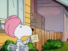 a cartoon dog with pink hair is holding a newspaper in front of a wooden fence