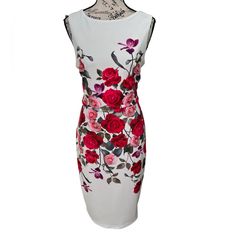 Beautiful Premier Amour Dress, White With Gorgeous Floral Print, Sleeveless, Stretchy Fabric, Lined, Back Zipper, Over The Knee Length, 43”, New With Tag. Size 8 Dress, Over The Knee, Knee Length, Red And White, Colorful Dresses, Floral Prints, Womens Dresses, White, Red