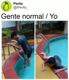 two pictures of a man falling into a swimming pool with the caption'gente normal / yo '