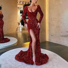 Quince Inspiration, Red Lace Long Sleeve Dress, Split Prom Dresses, Beading Embroidery, Sequin Prom Dress, Long Prom Dresses, Red Prom, Split Dress, Red Sequin