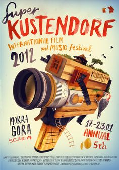 a poster for the international film and music festival paper kustendorf, featuring an old camera