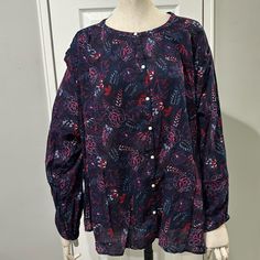 Nwt Old Navy Floral Print Button Down Long Sleeve Blouse Xxl Round Neck Button Down Floral Print Cuff Buttons Cotton, Rayon Made In India Smoke Free Home All Offers Are Welcome Purple Blouse For Fall Daywear, Purple Buttoned Tops For Fall, Casual Purple Blouse For Daywear, Casual Purple Blouse With Buttons, Purple Cotton Blouse For Daywear, Purple Button Tops For Fall, Purple Buttoned Tops For Work, Purple Tops With Button Cuffs For Work, Purple Tops With Button Closure For Daywear