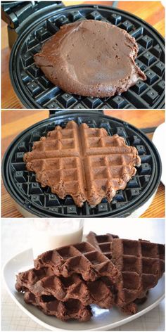 chocolate waffles are being cooked on the grill and then put in the pan